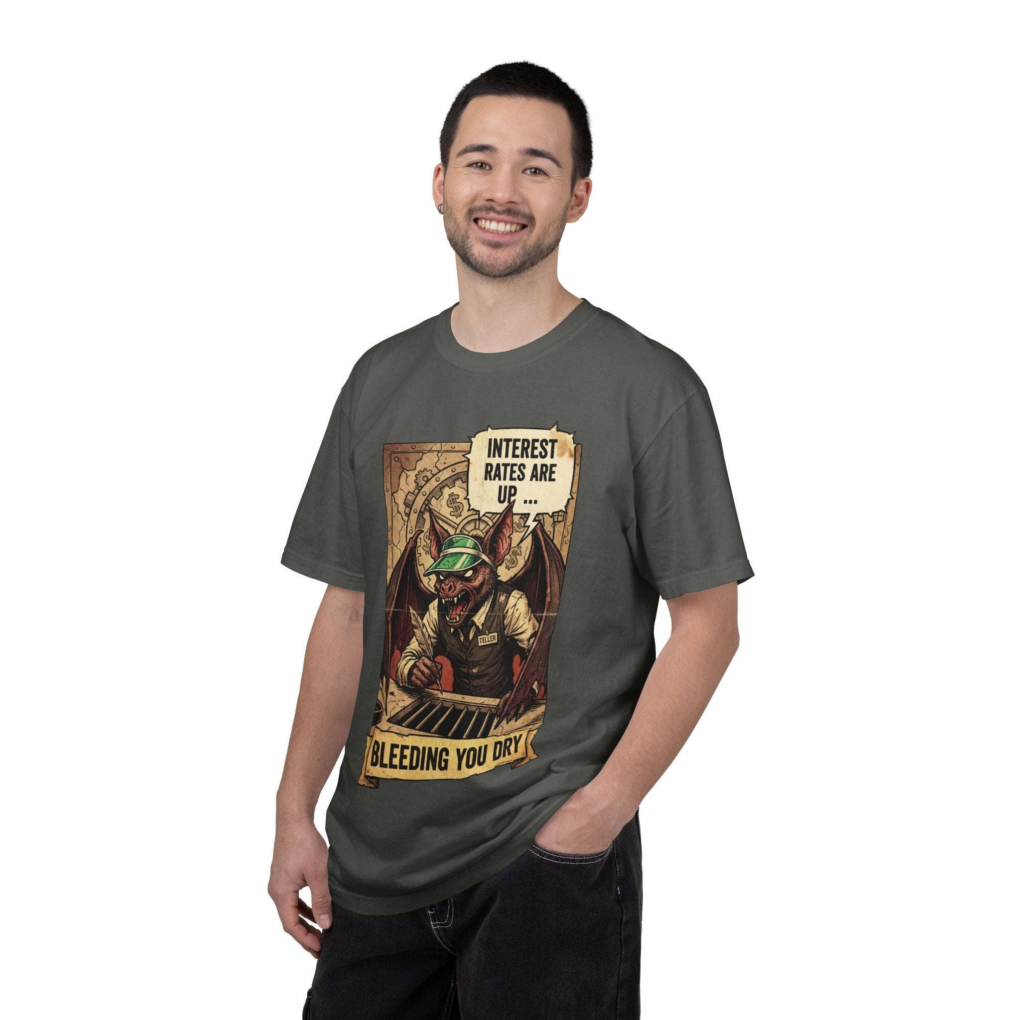 Satirical Finance T-Shirt Collection, Toxic Work Culture Skeleton Tee, Market Correction Red Wedding, Hyperinflation Satire Graphic Shirt Pepper
