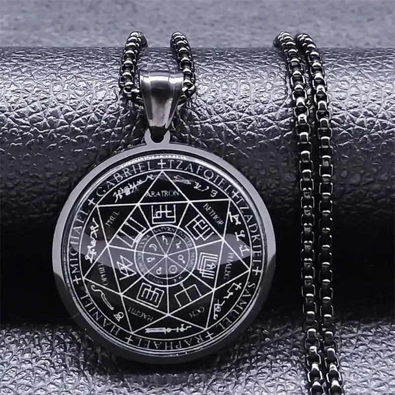 ✨ Seal of Seven Archangels Medal Necklace – Stainless Steel & Glass | Seal of Solomon Talisman | Powerful Protection Amulet | Gothic Unisex Jewelry A 60cm BOX BK