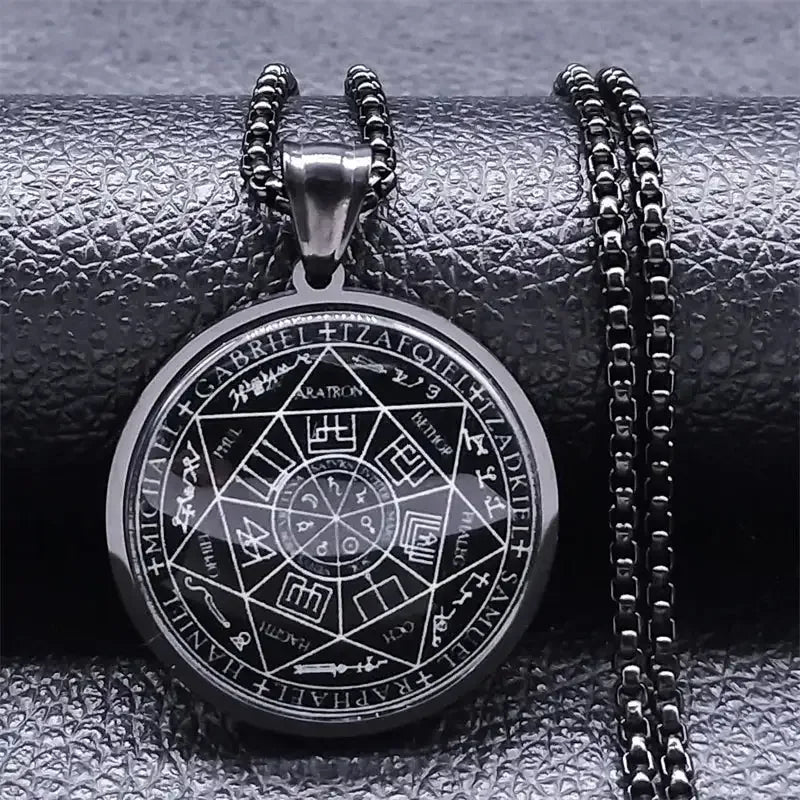 ✨ Seal of Seven Archangels Medal Necklace – Stainless Steel & Glass | Seal of Solomon Talisman | Powerful Protection Amulet | Gothic Unisex Jewelry A 60cm BOX BK