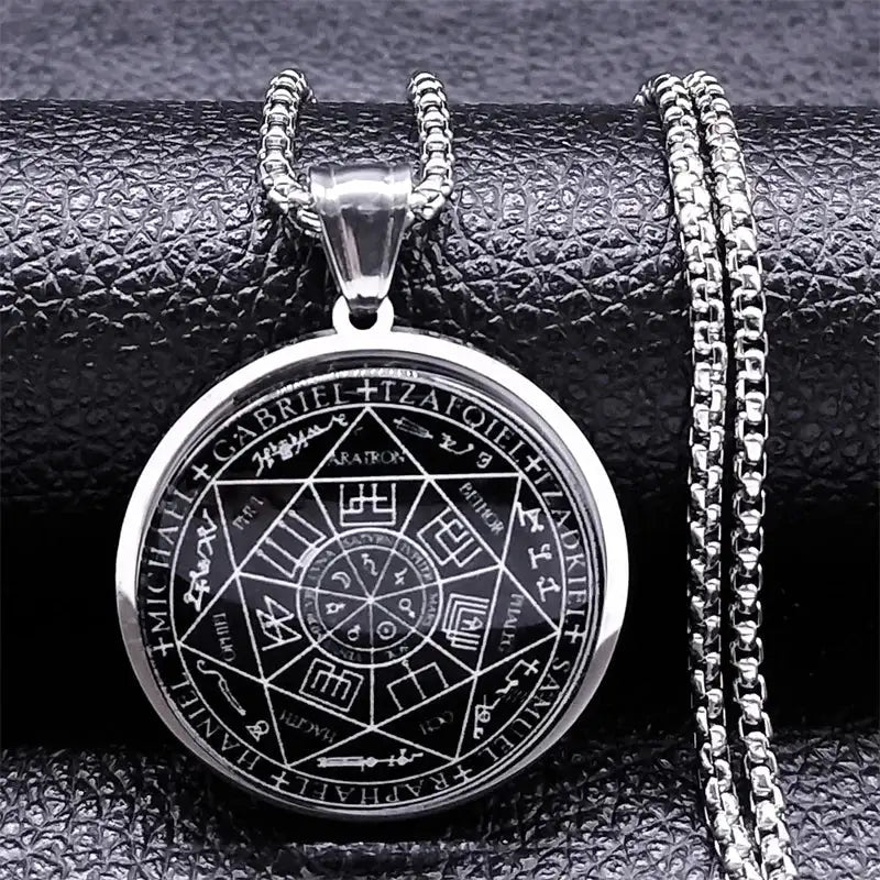 ✨ Seal of Seven Archangels Medal Necklace – Stainless Steel & Glass | Seal of Solomon Talisman | Powerful Protection Amulet | Gothic Unisex Jewelry A 50cm BOX SR