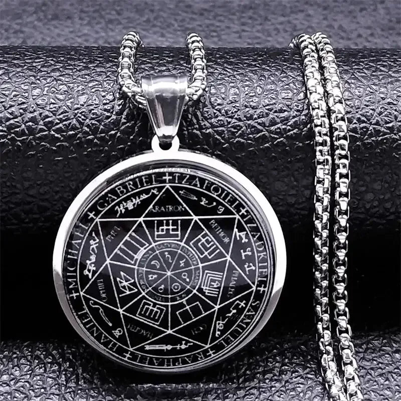 ✨ Seal of Seven Archangels Medal Necklace – Stainless Steel & Glass | Seal of Solomon Talisman | Powerful Protection Amulet | Gothic Unisex Jewelry A 50cm BOX SR