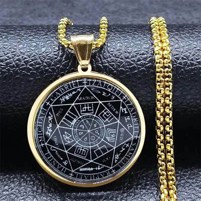 ✨ Seal of Seven Archangels Medal Necklace – Stainless Steel & Glass | Seal of Solomon Talisman | Powerful Protection Amulet | Gothic Unisex Jewelry A 60cm BOX GD
