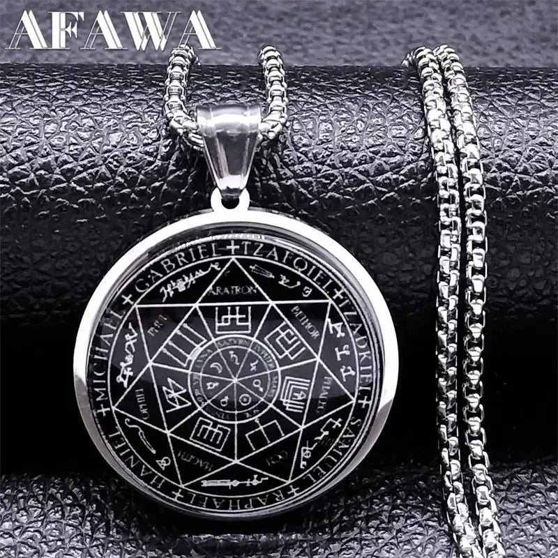✨ Seal of Seven Archangels Medal Necklace – Stainless Steel & Glass | Seal of Solomon Talisman | Powerful Protection Amulet | Gothic Unisex Jewelry