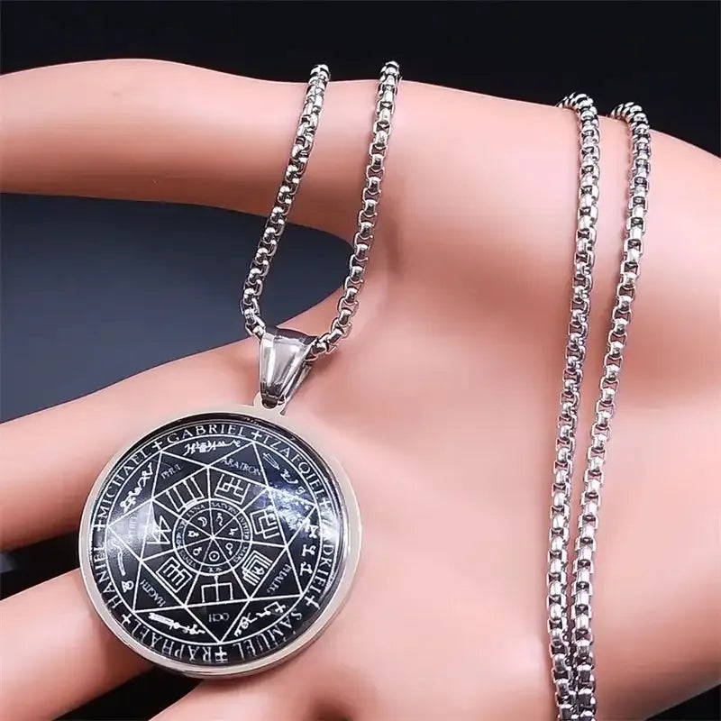 ✨ Seal of Seven Archangels Medal Necklace – Stainless Steel & Glass | Seal of Solomon Talisman | Powerful Protection Amulet | Gothic Unisex Jewelry