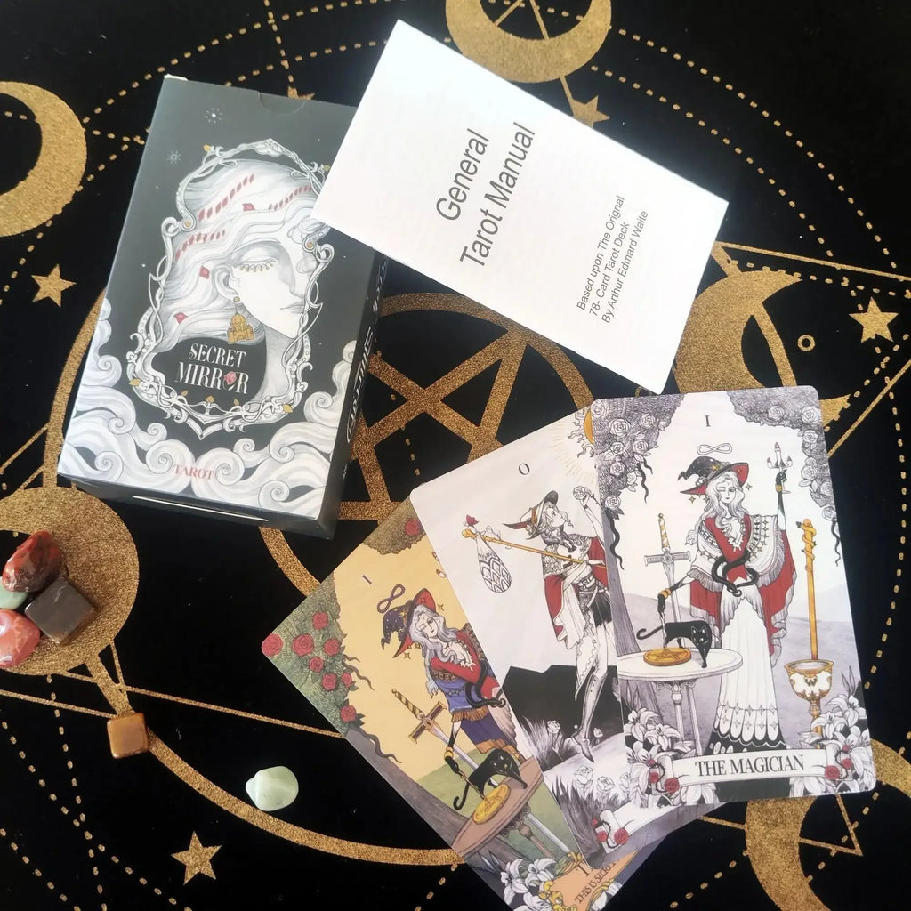 🔮 Secret Mirror Tarot – Feminine Art Tarot Deck with Rich Symbolism & Monochrome Design, English Guidebook, 12x7cm