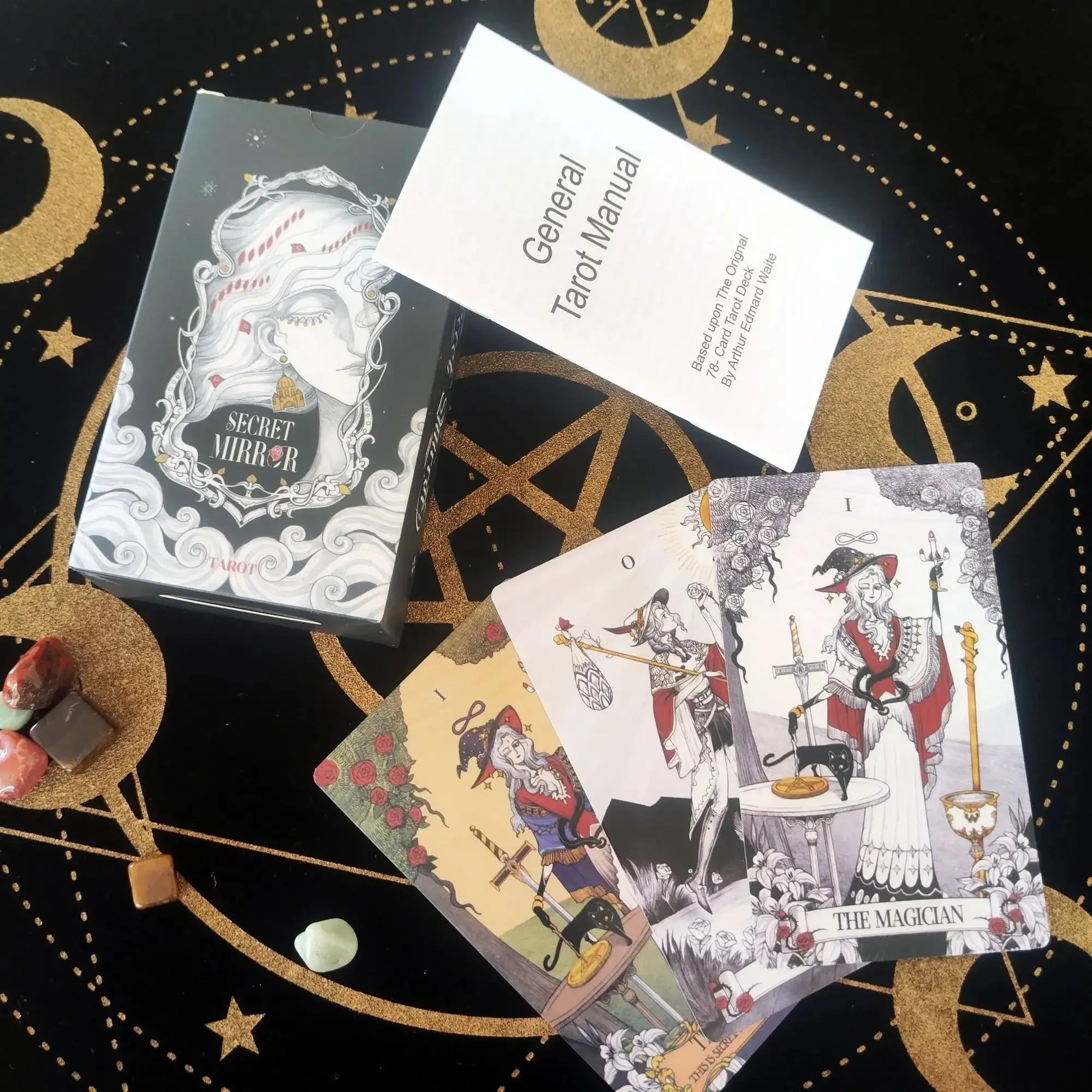 🔮 Secret Mirror Tarot – Feminine Art Tarot Deck with Rich Symbolism & Monochrome Design, English Guidebook, 12x7cm