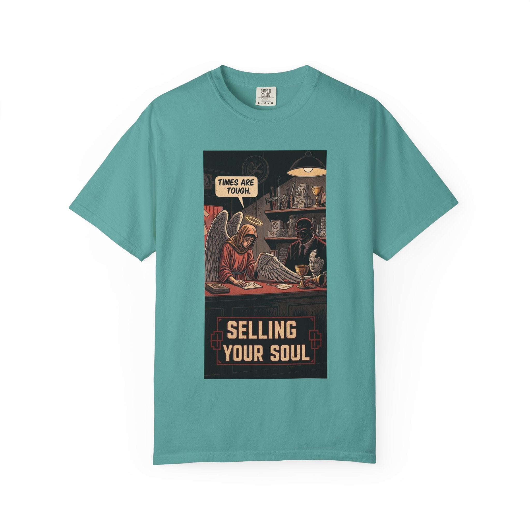 Selling Your Soul Shirt - Vintage Pawn Shop Satire Tee - Angel Social Commentary T-Shirt - Dark Humor Philosophy Gift - Retro Comic Graphic Apparel Seafoam