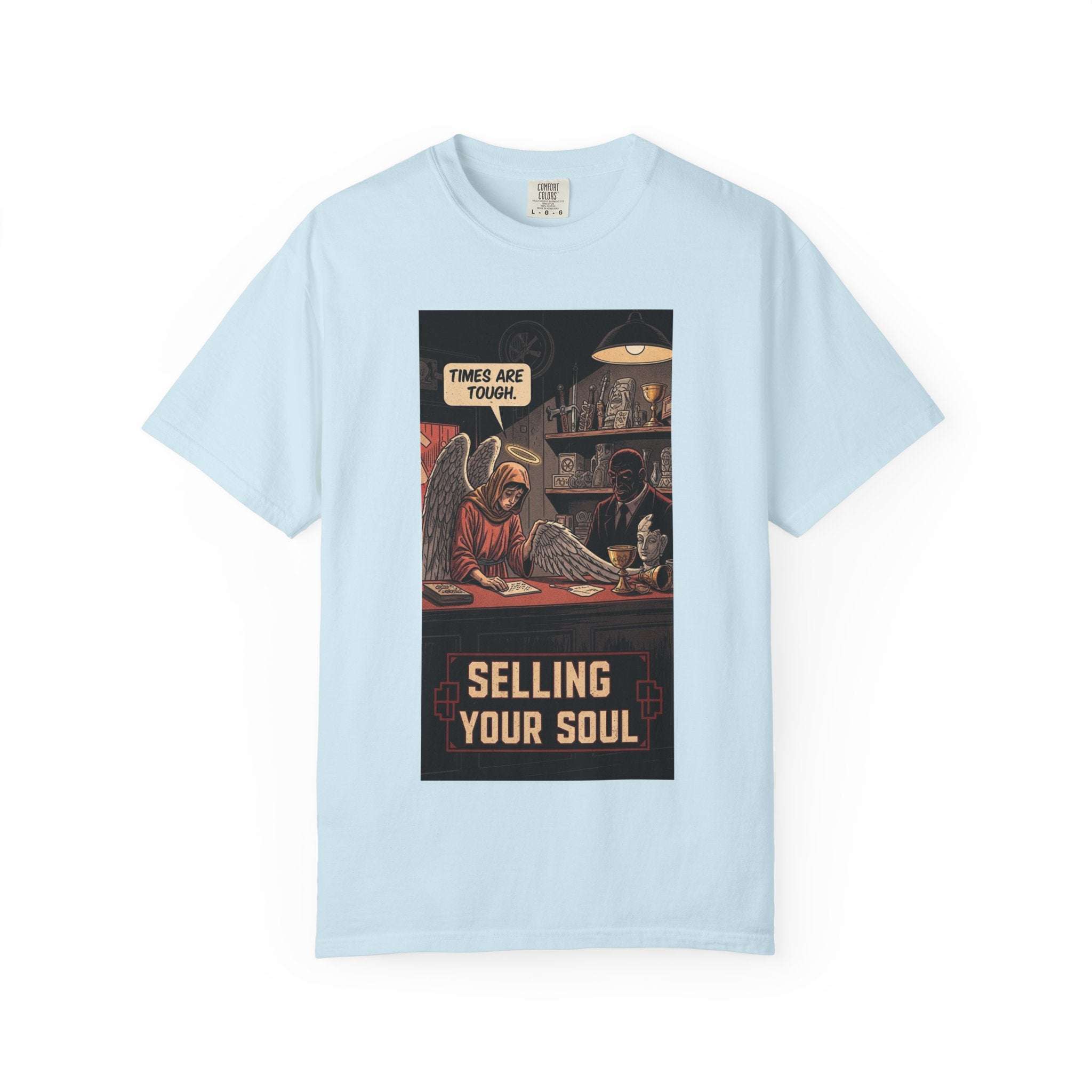 Selling Your Soul Shirt - Vintage Pawn Shop Satire Tee - Angel Social Commentary T-Shirt - Dark Humor Philosophy Gift - Retro Comic Graphic Apparel Chambray