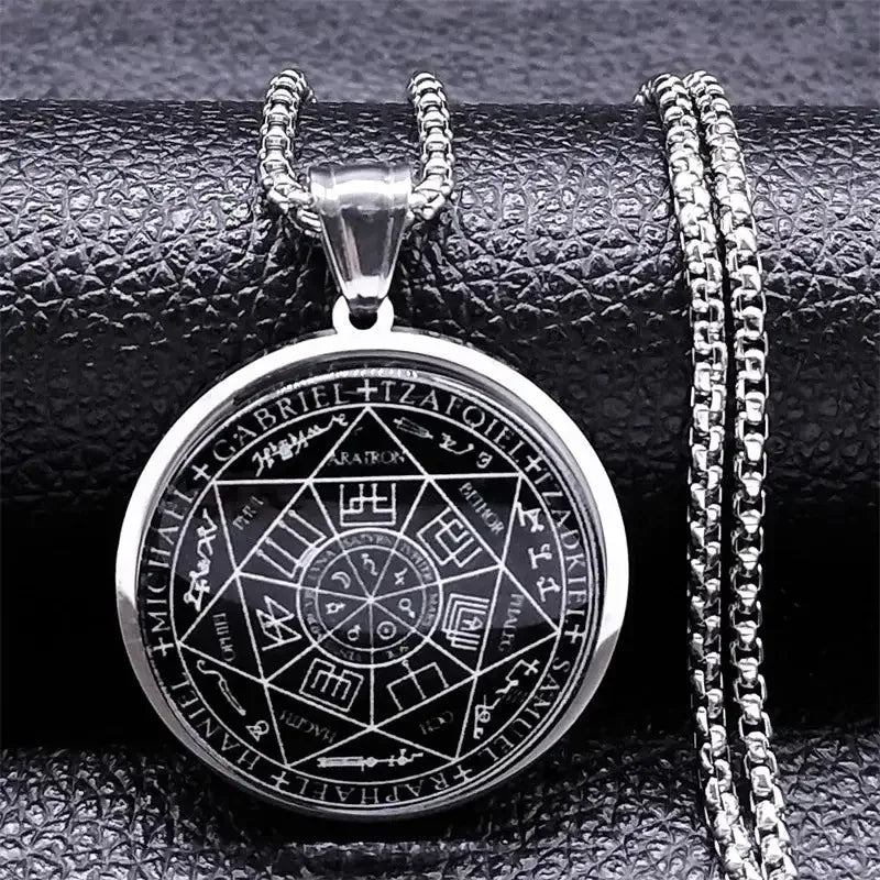 ✨ Seven Angels Medal Stainless Steel Glass Necklace – Divine Protection Talisman | Solomon & Saint Michael Pendant | Couple Party Jewelry Gifts
