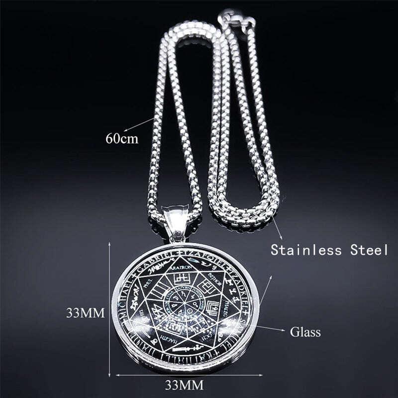 ✨ Seven Angels Medal Stainless Steel Glass Necklace – Divine Protection Talisman | Solomon & Saint Michael Pendant | Couple Party Jewelry Gifts
