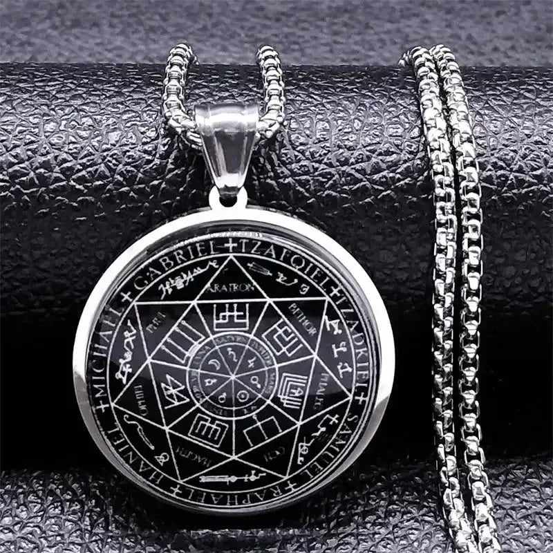 ✨ Seven Angels Medal Stainless Steel Glass Necklace – Divine Protection Talisman | Solomon & Saint Michael Pendant | Couple Party Jewelry Gifts Silver