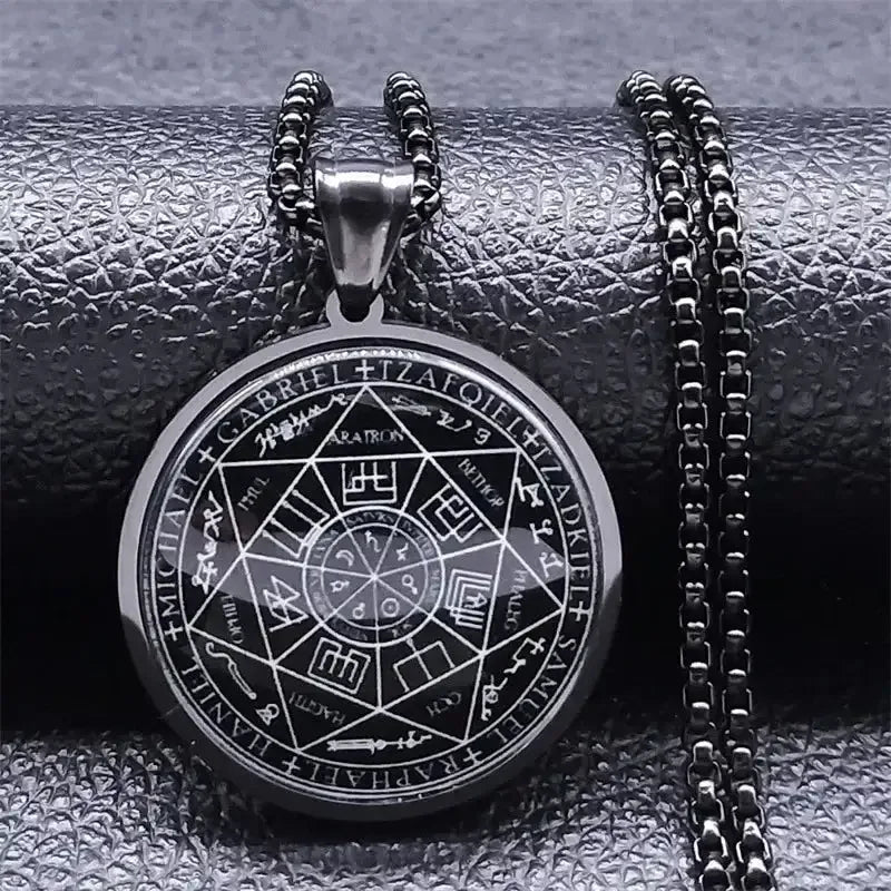 ✨ Seven Angels Medal Stainless Steel Glass Necklace – Divine Protection Talisman | Solomon & Saint Michael Pendant | Couple Party Jewelry Gifts Black
