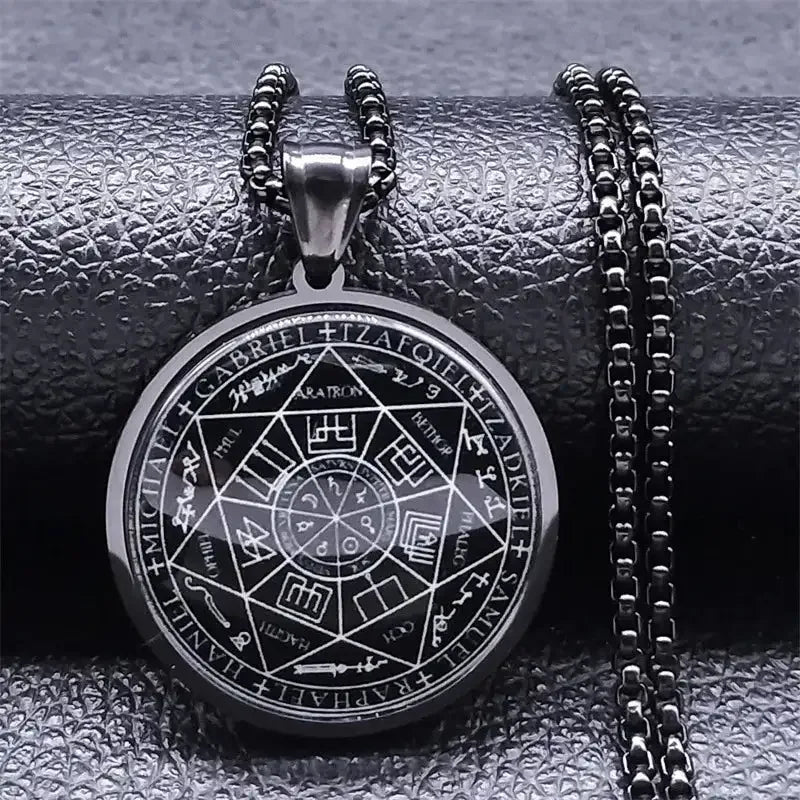 ✨ Seven Angels Medal Stainless Steel Glass Necklace – Divine Protection Talisman | Solomon & Saint Michael Pendant | Couple Party Jewelry Gifts