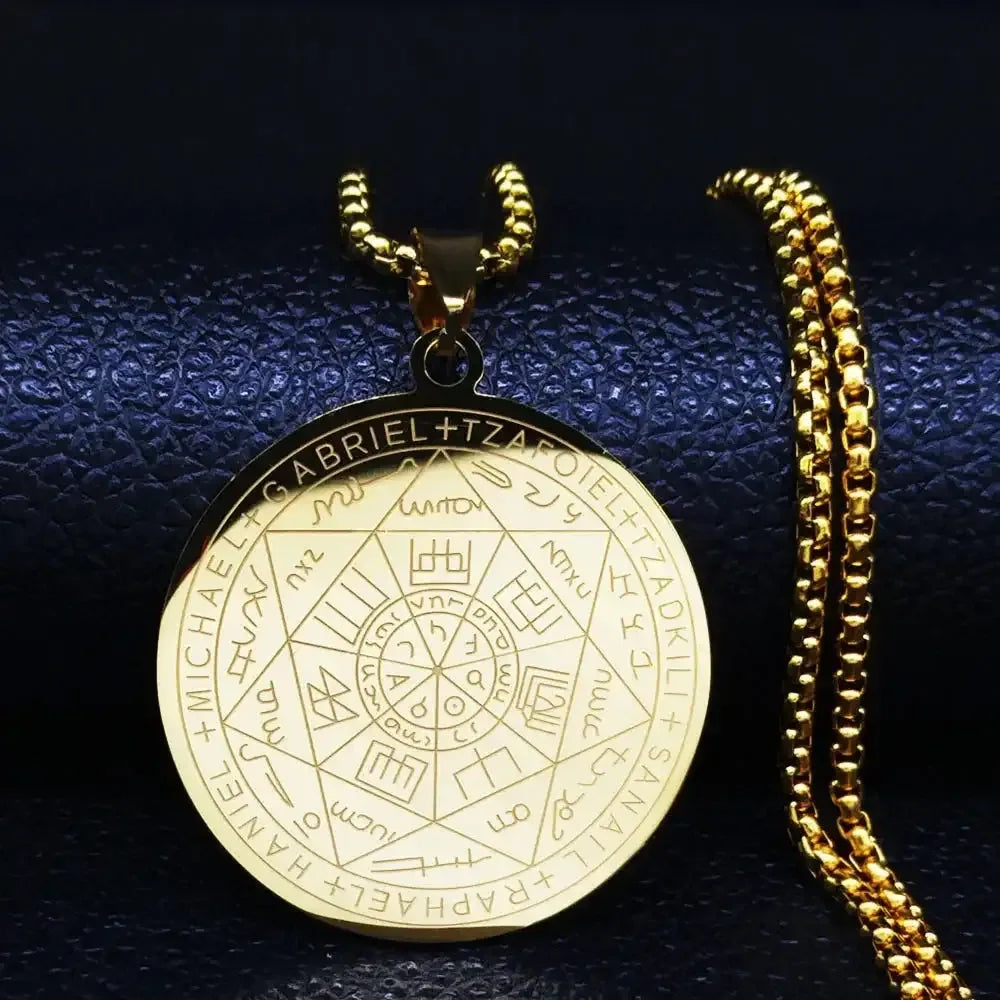 ✨ Seven Angels Medal Stainless Steel Glass Necklace – Divine Protection Talisman | Solomon & Saint Michael Pendant | Couple Party Jewelry Gifts Gold-2