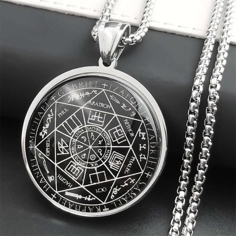 ✨ Seven Angels Medal Stainless Steel Glass Necklace – Divine Protection Talisman | Solomon & Saint Michael Pendant | Couple Party Jewelry Gifts