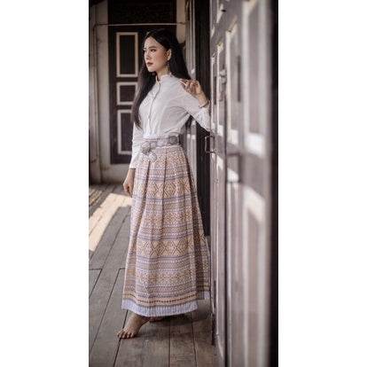 White &amp; Gold Jitlada Thai-Inspired Outfit Set – Cotton Fabric with Pleated Skirt | S–XL Sizes for Women One-Sake.com ขาว / XL ขาว / S ขาว / L ขาว / S-ขาว / L-ขาว / XL-ขาว / M-