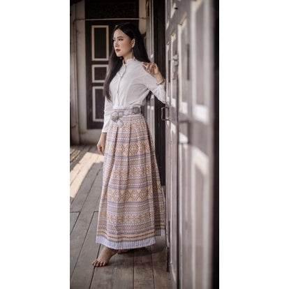 White & Gold Thai-Inspired Outfit Set - Women's Cotton Fabric with Pleated Skirt in Sizes S–XL
