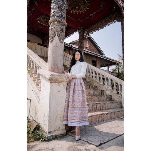 White &amp; Gold Jitlada Thai-Inspired Outfit Set – Cotton Fabric with Pleated Skirt | S–XL Sizes for Women One-Sake.com ขาว / XL ขาว / S ขาว / L ขาว / S-ขาว / L-ขาว / XL-ขาว / M-