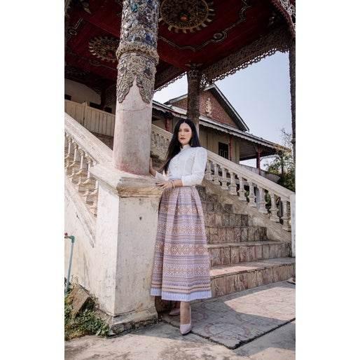 White & Gold Thai-Inspired Outfit Set - Women's Cotton Fabric with Pleated Skirt in Sizes S–XL