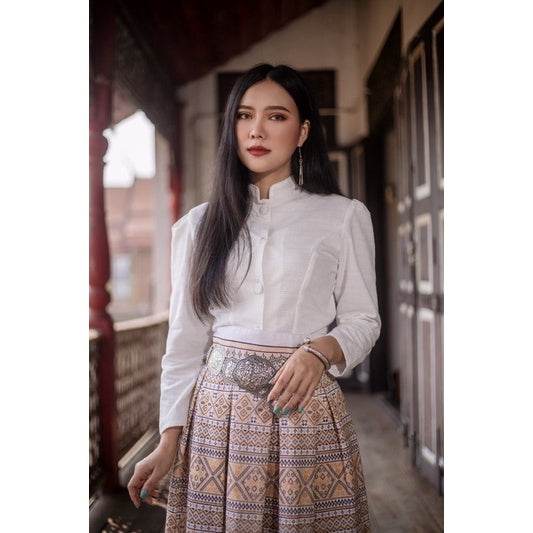 White &amp; Gold Jitlada Thai-Inspired Outfit Set – Cotton Fabric with Pleated Skirt | S–XL Sizes for Women One-Sake.com ขาว / XL ขาว / S ขาว / L ขาว / S-ขาว / L-ขาว / XL-ขาว / M-