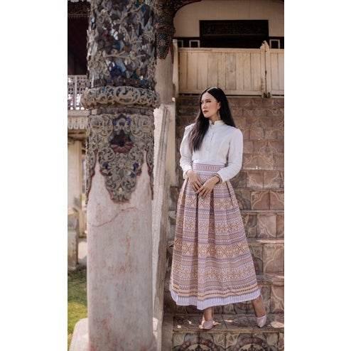 White & Gold Thai-Inspired Outfit Set - Women's Cotton Fabric with Pleated Skirt in Sizes S–XL