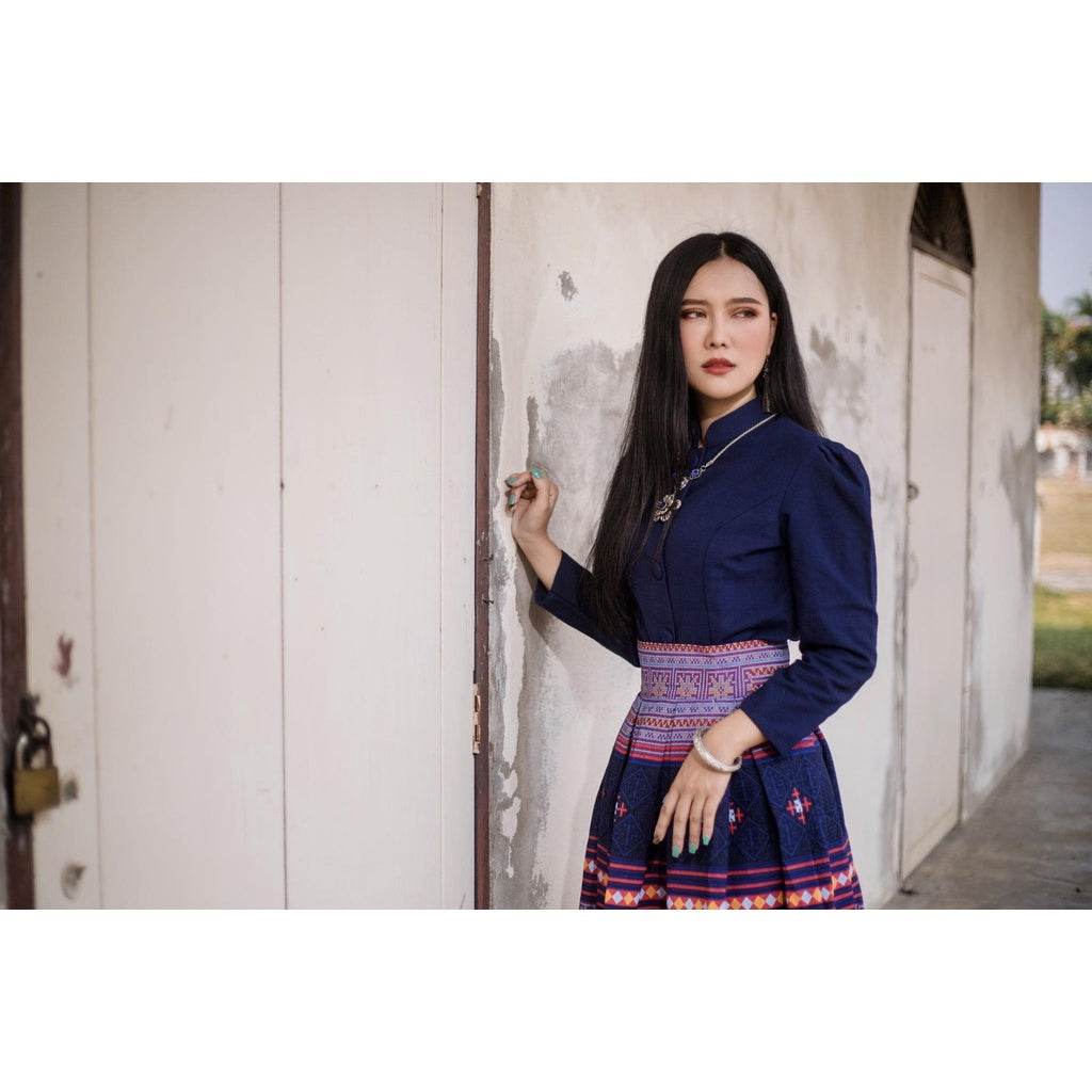 Navy Blue Jitlada Thai Style Blouse &amp; Printed Cotton Skirt Set – Elegant Modest Outfit for Women One-Sake.com L S M S-M-L-XL-