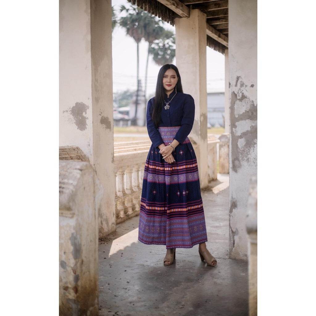 Navy Blue Jitlada Thai Style Blouse &amp; Printed Cotton Skirt Set – Elegant Modest Outfit for Women One-Sake.com L S M S-M-L-XL-