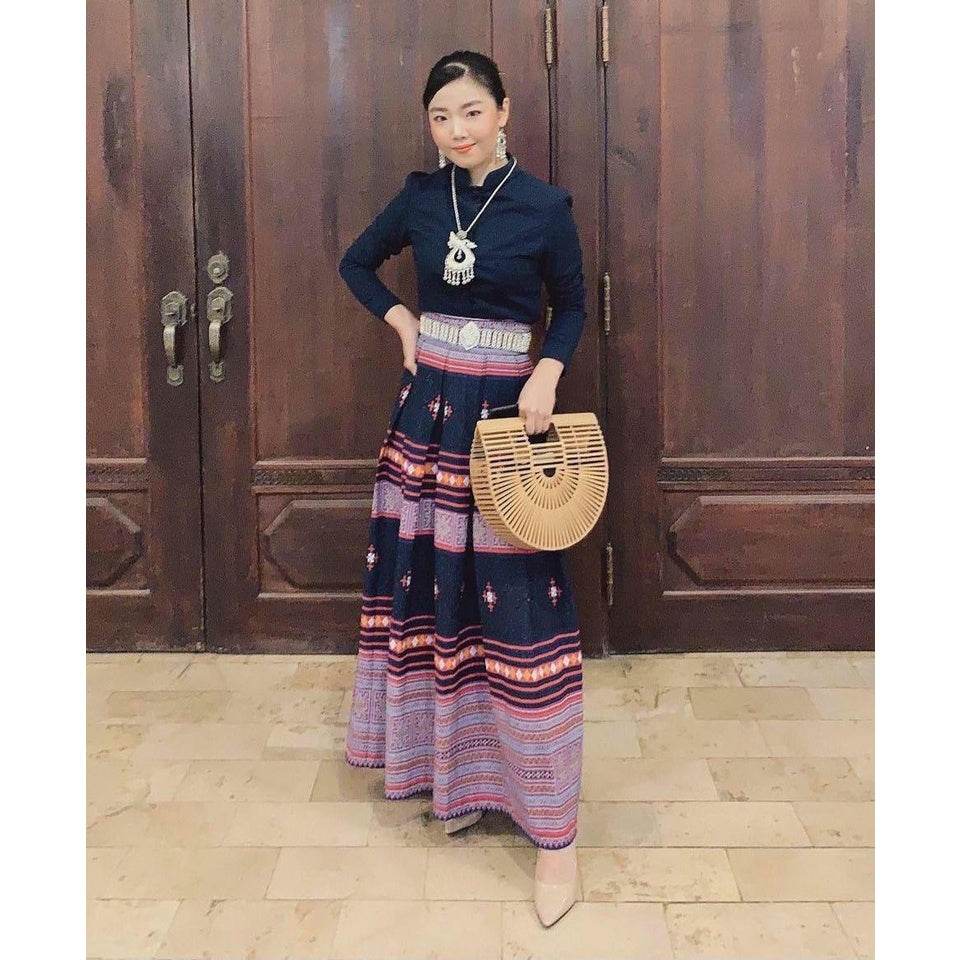 Navy Blue Jitlada Thai Style Blouse &amp; Printed Cotton Skirt Set – Elegant Modest Outfit for Women One-Sake.com L S M S-M-L-XL-