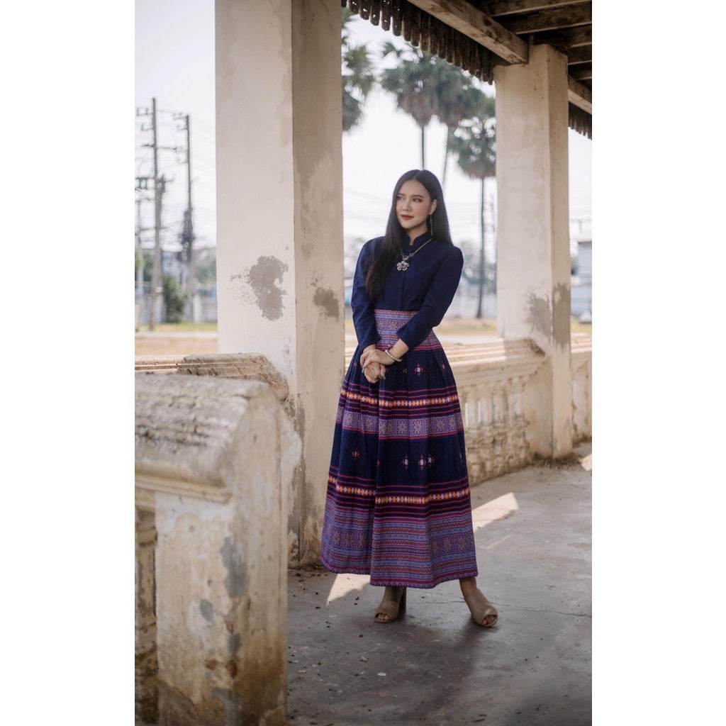 Navy Blue Jitlada Thai Style Blouse &amp; Printed Cotton Skirt Set – Elegant Modest Outfit for Women One-Sake.com L S M S-M-L-XL-
