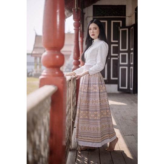 White &amp; Gold Jitlada Thai-Inspired Outfit Set – Cotton Fabric with Pleated Skirt | S–XL Sizes for Women One-Sake.com ขาว / XL ขาว / S ขาว / L ขาว / S-ขาว / L-ขาว / XL-ขาว / M-