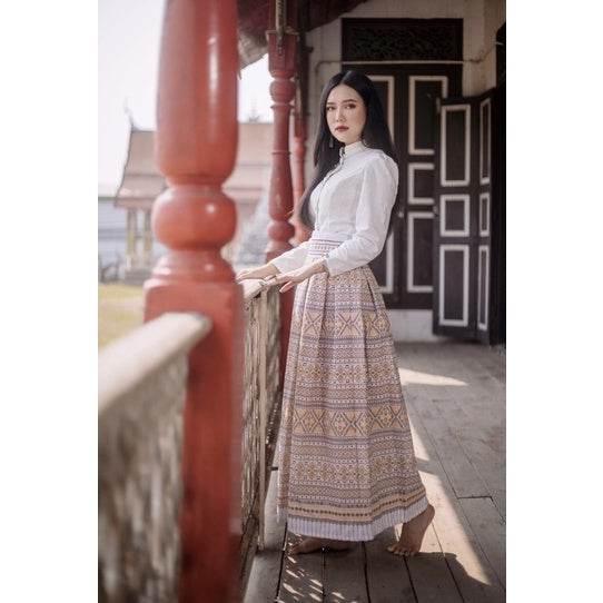 White & Gold Thai-Inspired Outfit Set - Women's Cotton Fabric with Pleated Skirt in Sizes S–XL