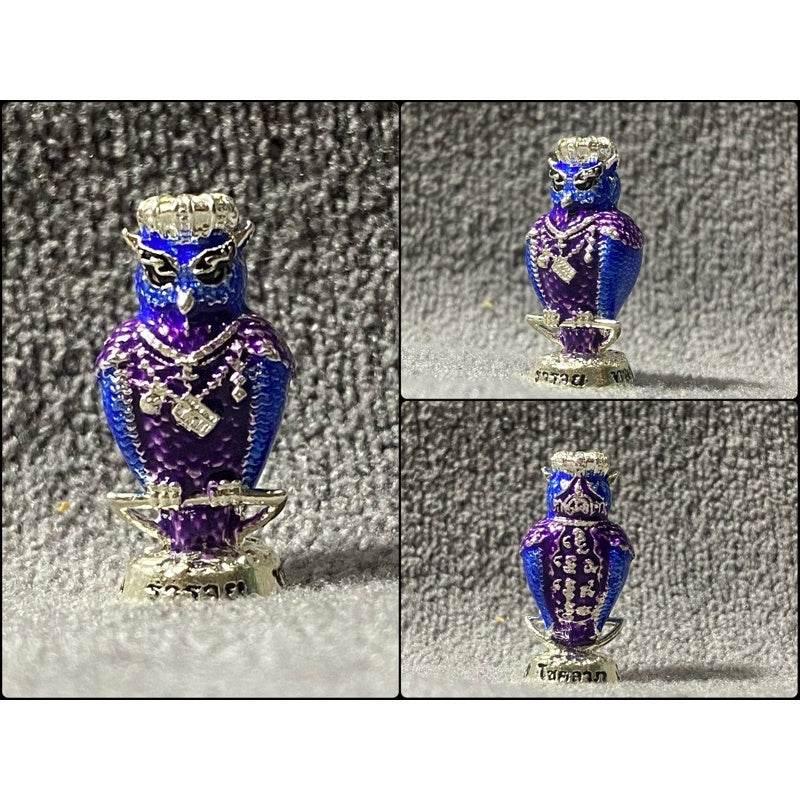 Hoot of Wealth Owl Amulet for Prosperity & Fortune | Consecrated by Luangpu Maen Phuriyanano, Khao Chan Temple, Phetchabun Purple enamel