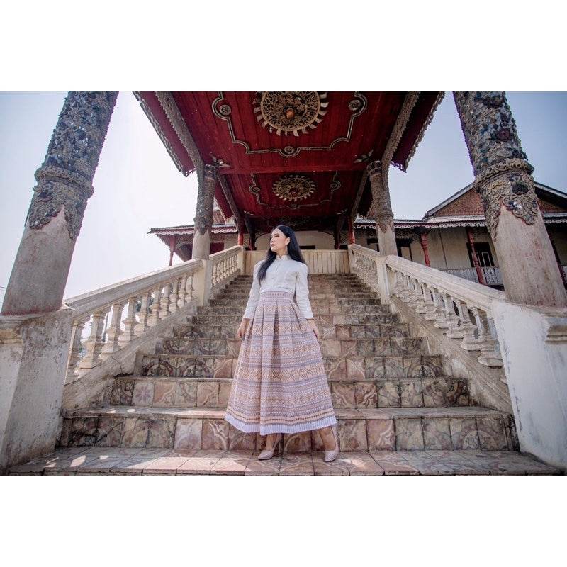 White &amp; Gold Jitlada Thai-Inspired Outfit Set – Cotton Fabric with Pleated Skirt | S–XL Sizes for Women One-Sake.com ขาว / XL ขาว / S ขาว / L ขาว / S-ขาว / L-ขาว / XL-ขาว / M-