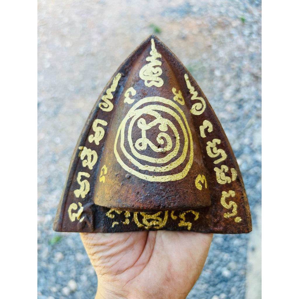 Plan Tai Boran – Sacred 5-Inch Plowshare Amulet by Luang Pu Im, Wat Thung Na Mai (First Edition, Silver Takrut &amp; Singh Carving) - Thai Blessing Co