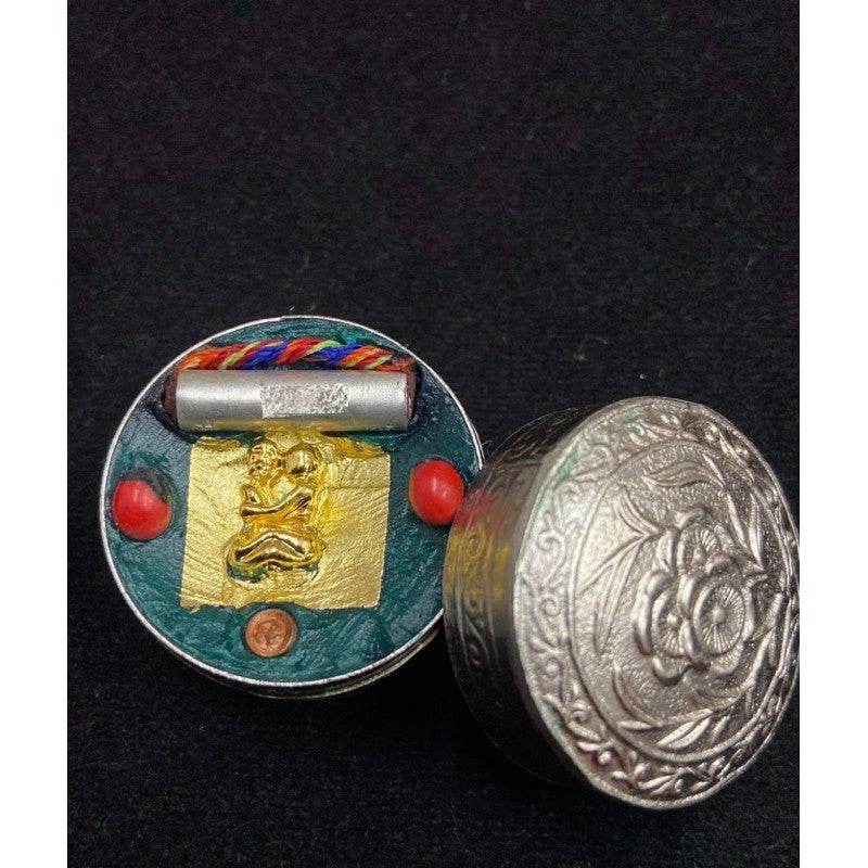 Si Phueng Nang Rap authentic Thai amulet in decorative silver case with colorful charm and detailed gold leaf design