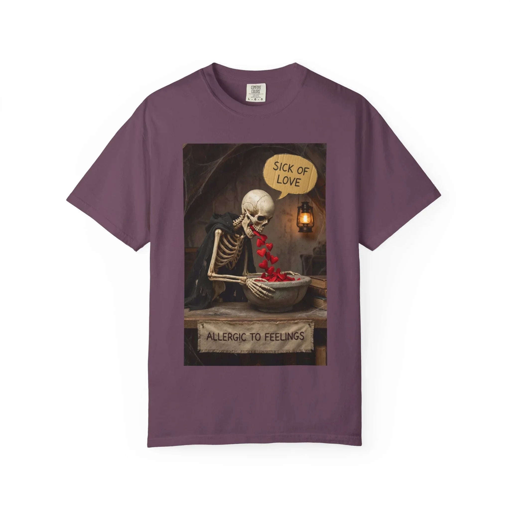 Sick of Love" Allergic To Feelings Vintage Skeleton T-Shirt - Premium Dark Humor Apparel Berry