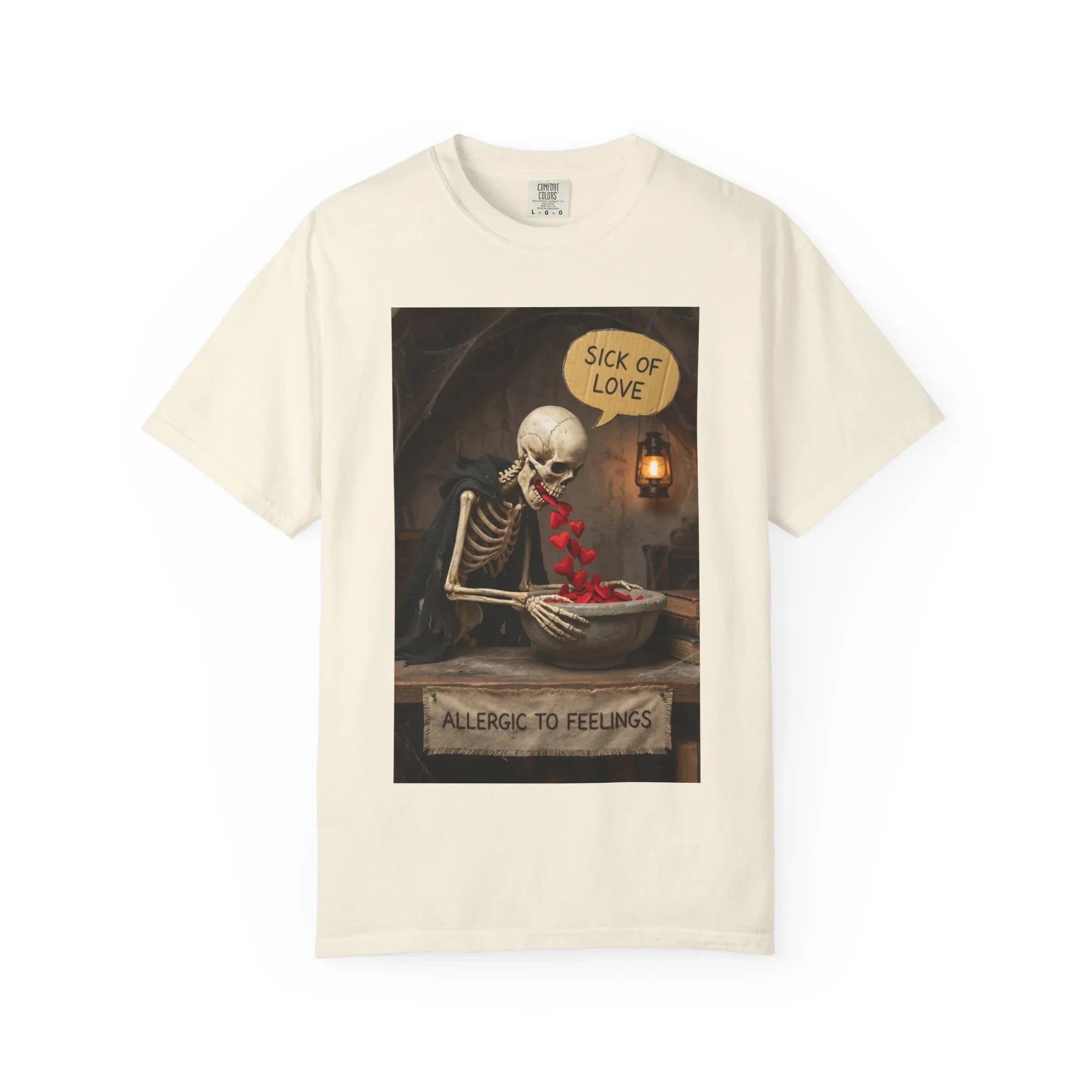 Sick of Love" Allergic To Feelings Vintage Skeleton T-Shirt - Premium Dark Humor Apparel Ivory
