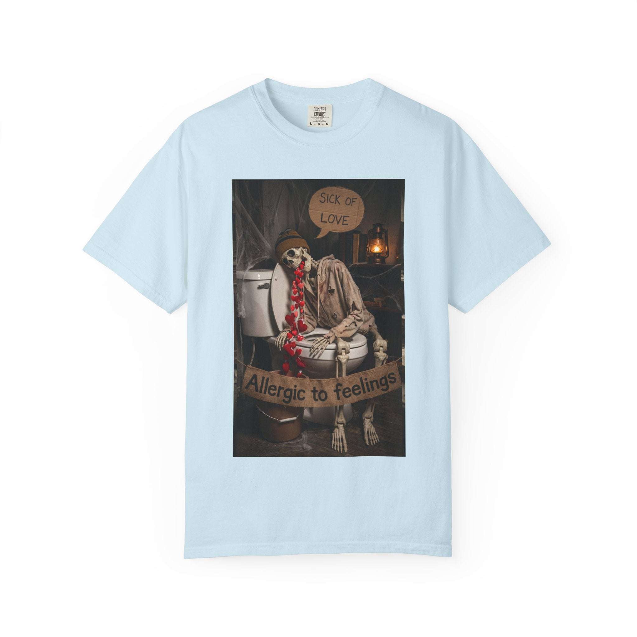 🤮 Sick of Love – Vintage Skeleton Heartbreak Satire & Grunge Streetwear Vintage Skeleton Graphic Tee - Sick of Love Dark Humor Streetwear Chambray