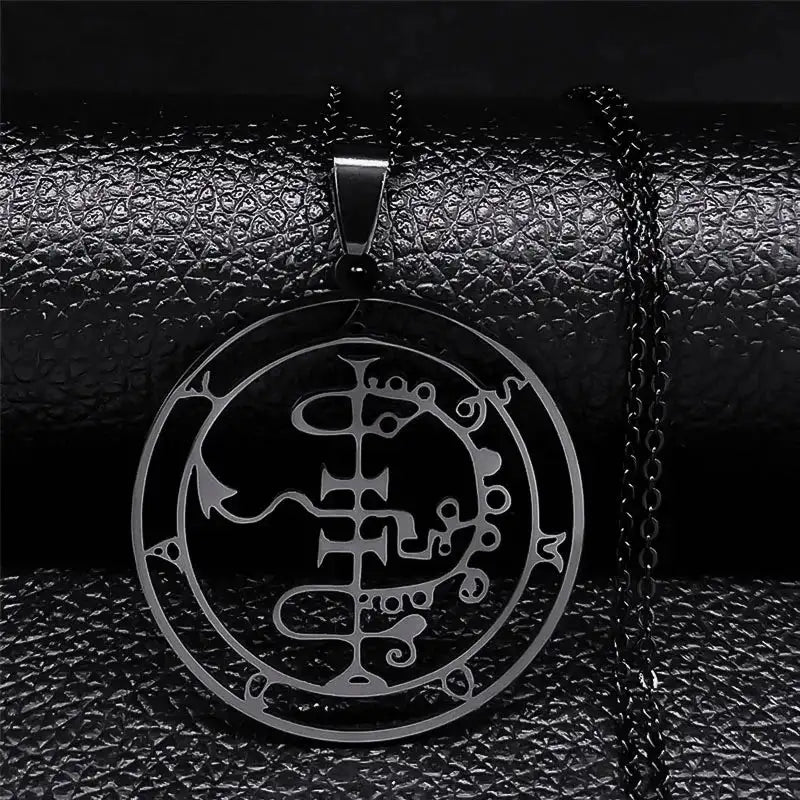 🔥 Sigil of Lucifer Stainless Steel Necklace – Satanic Symbol | Asmoday Lazer Key & Baphomet Stamp | Occult Power Amulet Jewelry for Spiritual Seekers Asmoday 50cm O BK