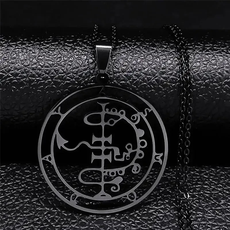 🔥 Sigil of Lucifer Stainless Steel Necklace – Satanic Symbol | Asmoday Lazer Key & Baphomet Stamp | Occult Power Amulet Jewelry for Spiritual Seekers Asmoday 50cm O BK