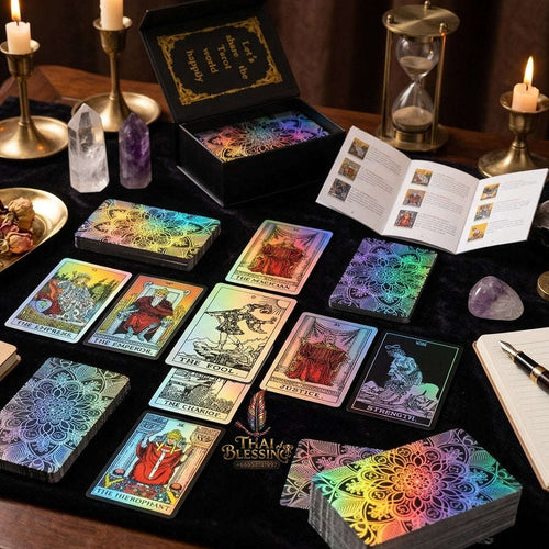 ✨ Silver Retro Tarot Cards Deck with Guidebook: Waterproof Plastic Fortune-Telling Game with Elegant Silver Foil Design and Hardcover Guide Thai Blessing Co By RURUECHA