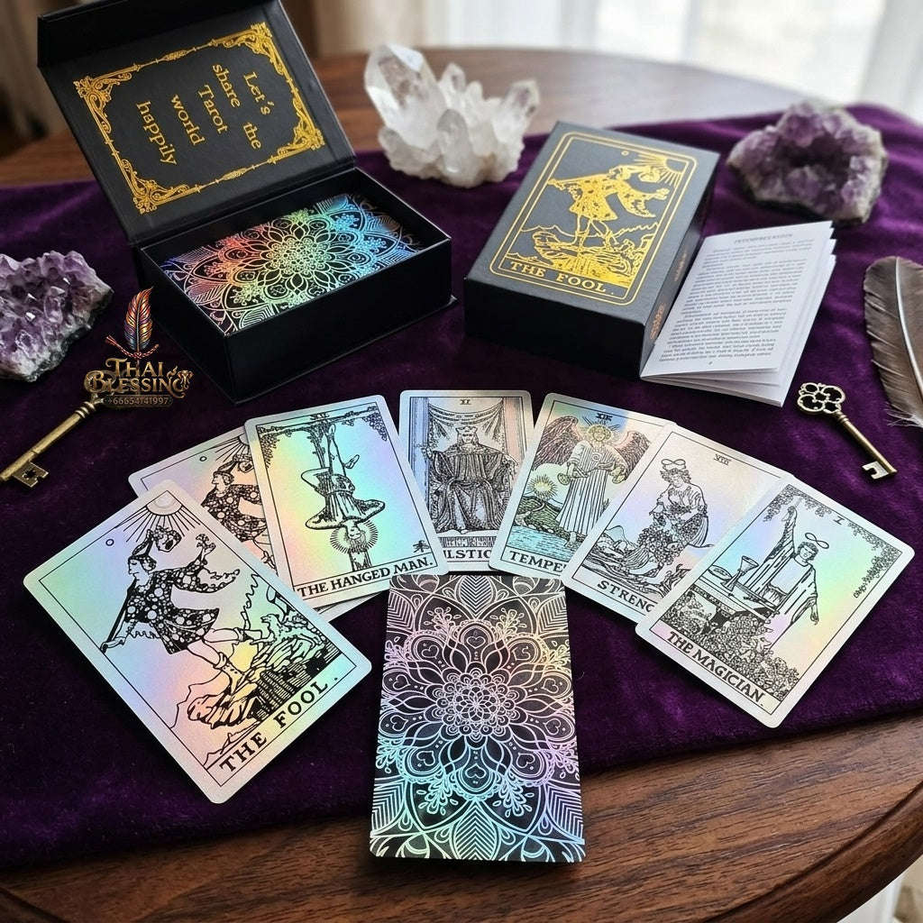 ✨ Silver Retro Tarot Cards Deck with Guidebook: Waterproof Plastic Fortune-Telling Game with Elegant Silver Foil Design and Hardcover Guide Thai Blessing Co By RURUECHA