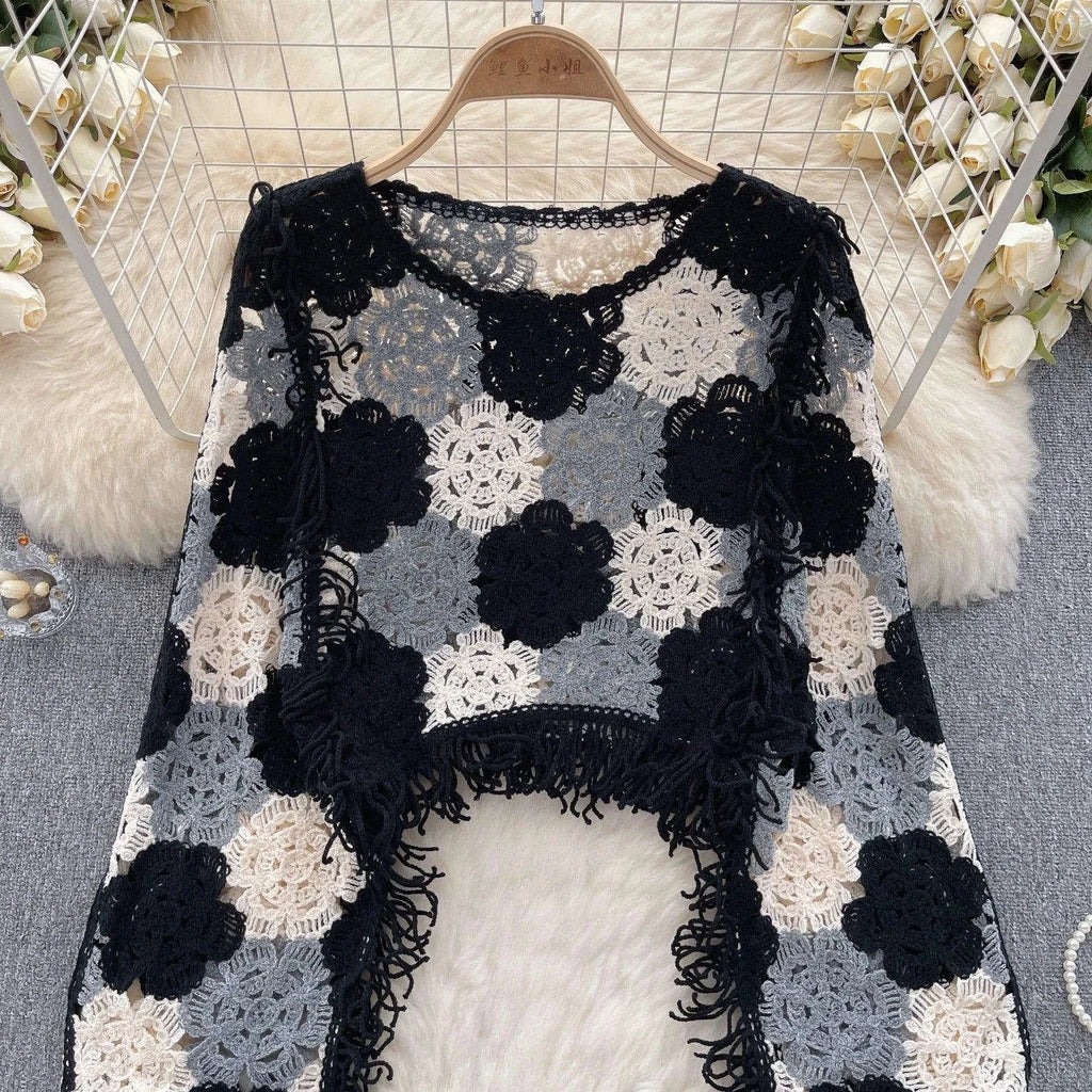 SINGREINY Bohemian Hollow Out Top - Tassels Knit Long Sleeve Blouse with Hook Flower Design for Vintage Y2K Chic Streetwear