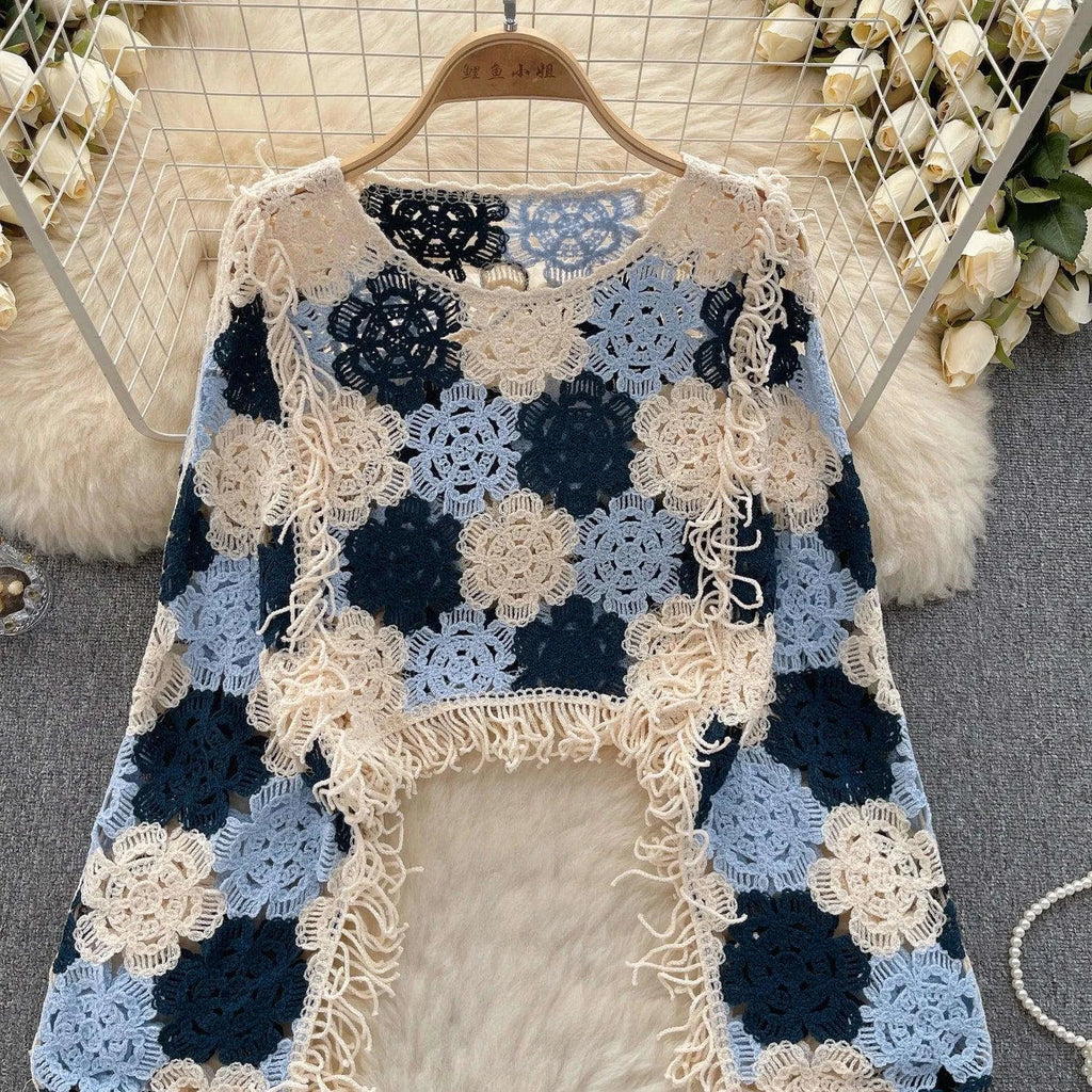 SINGREINY Bohemian Hollow Out Top - Tassels Knit Long Sleeve Blouse with Hook Flower Design for Vintage Y2K Chic Streetwear