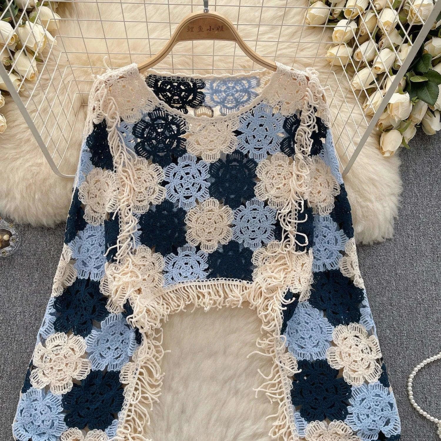 SINGREINY Bohemian Hollow Out Top - Tassels Knit Long Sleeve Blouse with Hook Flower Design for Vintage Y2K Chic Streetwear