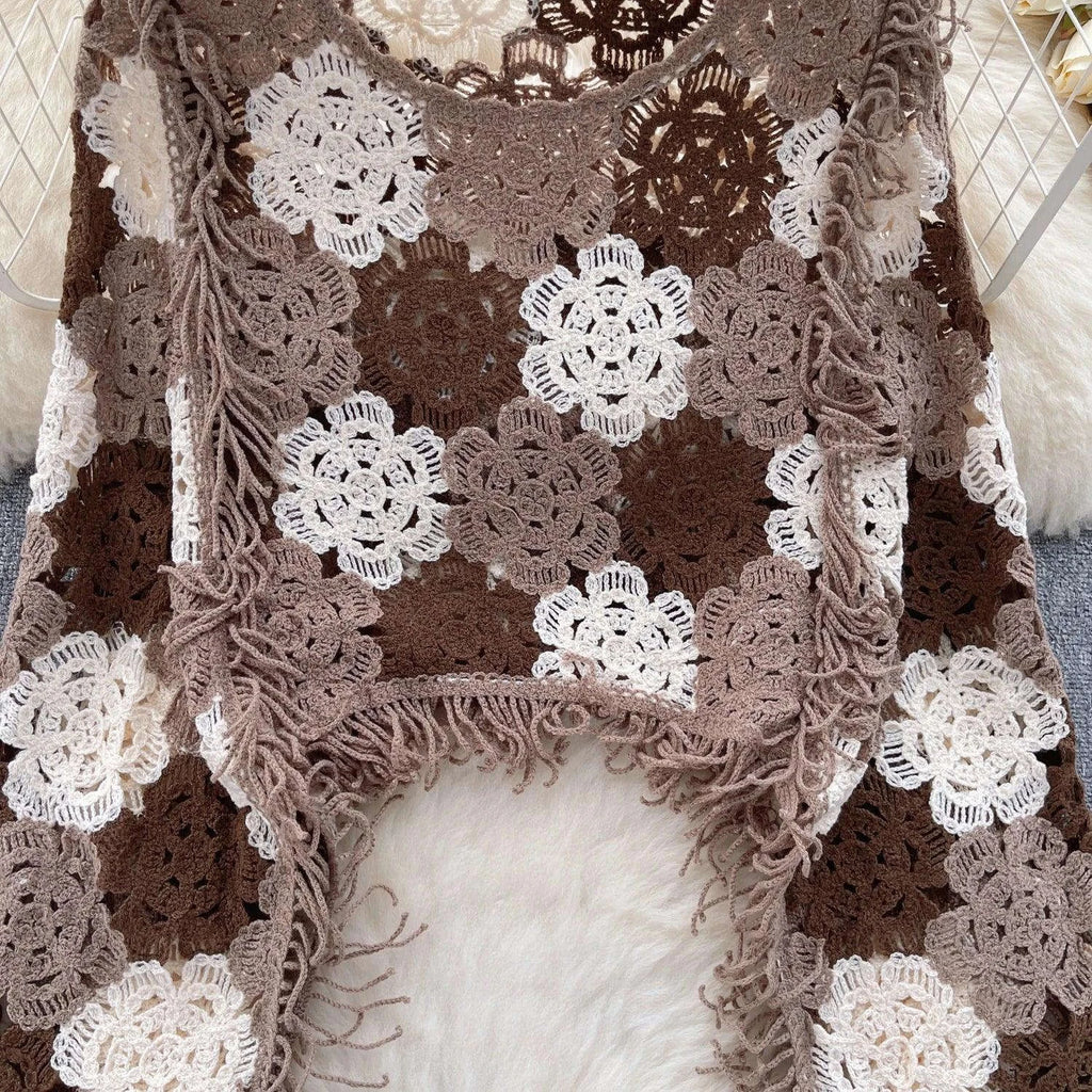 SINGREINY Bohemian Hollow Out Top - Tassels Knit Long Sleeve Blouse with Hook Flower Design for Vintage Y2K Chic Streetwear