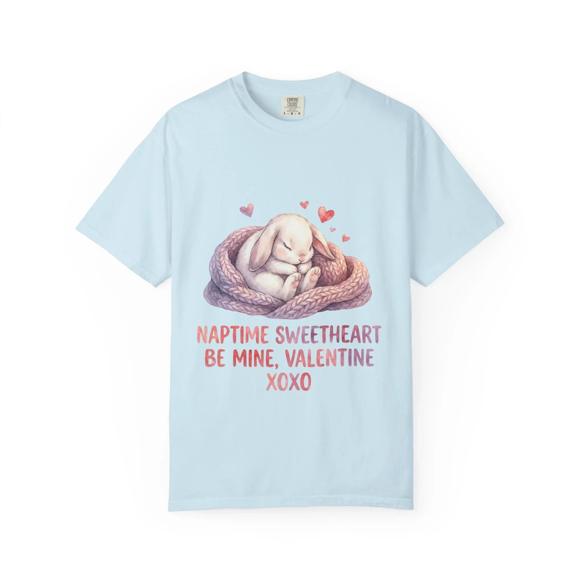 Sleeping Bunny Nest Valentine T Shirt Naptime Sweetheart Be Mine XOXO Watercolor Cozy Vintage Aesthetic Gift Bunny Lovers Romantic Tee Chambray