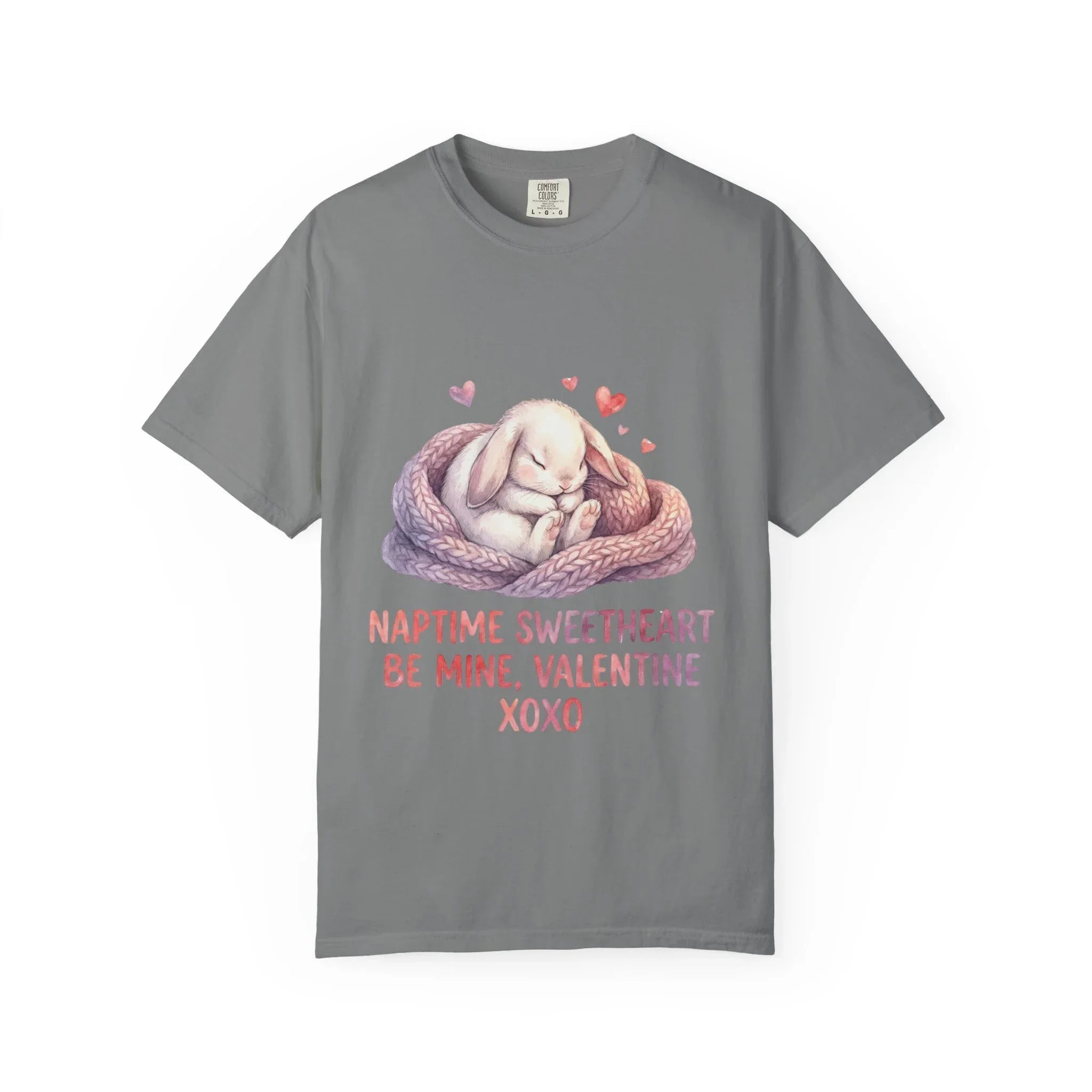 Sleeping Bunny Nest Valentine T Shirt Naptime Sweetheart Be Mine XOXO Watercolor Cozy Vintage Aesthetic Gift Bunny Lovers Romantic Tee Grey