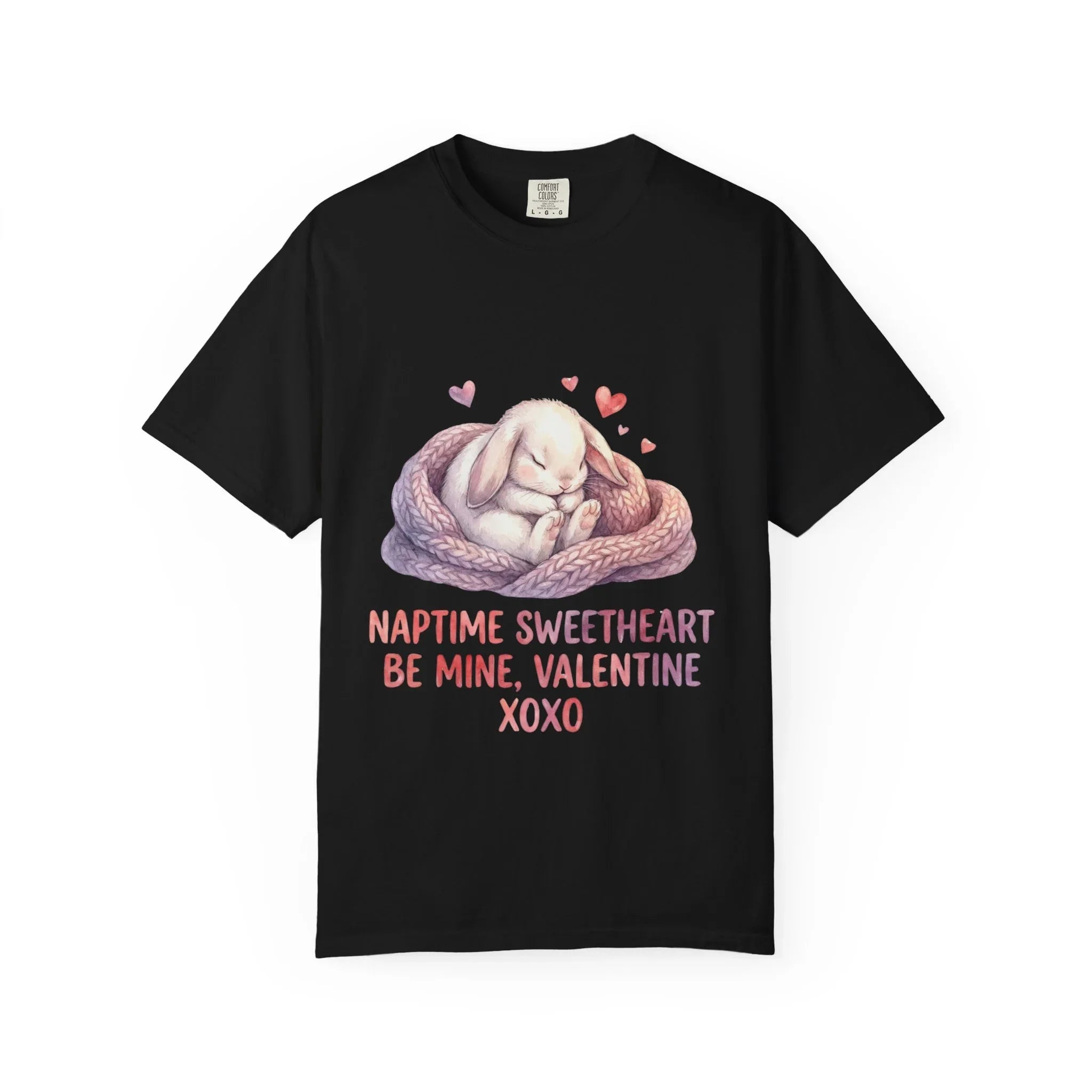 Sleeping Bunny Nest Valentine T Shirt Naptime Sweetheart Be Mine XOXO Watercolor Cozy Vintage Aesthetic Gift Bunny Lovers Romantic Tee Black