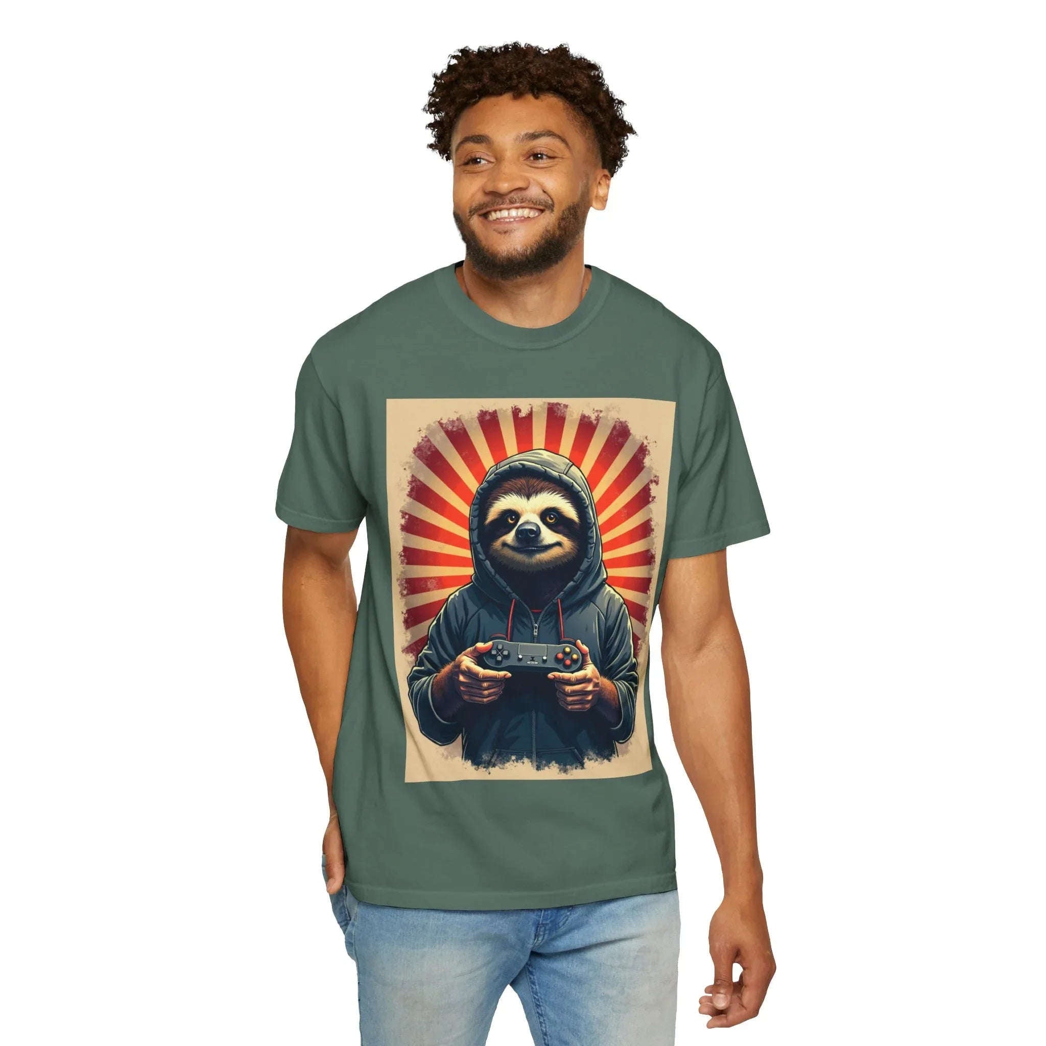 Sloth Gamer Shirt, Hoodie Sloth Controller Tee, Retro Sunburst Gaming T-Shirt, Funny Cute Gamer Gift, Game Night Outfit Blue Spruce